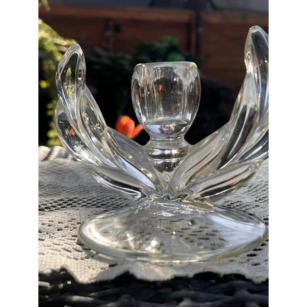 1960s Vintage Glass Lotus Candle Holders Pair Mid Century  Wheat Sheaf/winged